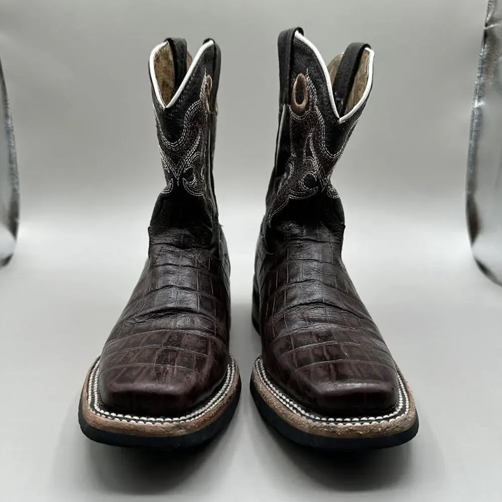 Reparo Western Cowboy Boots Kids Size 1.5 Brown Leather Square Toe Croc Print